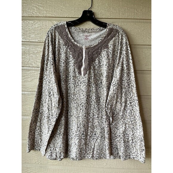 NorthCrest womens Crochet Lace Trim Knit Top size 4X Brown Floral Henley Cotton - Picture 1 of 4